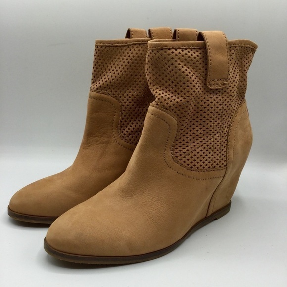 LUCKY Brand Keno Perforated Dark Camel Suede Leather Wedge Bootie Size 10 - Picture 2 of 11